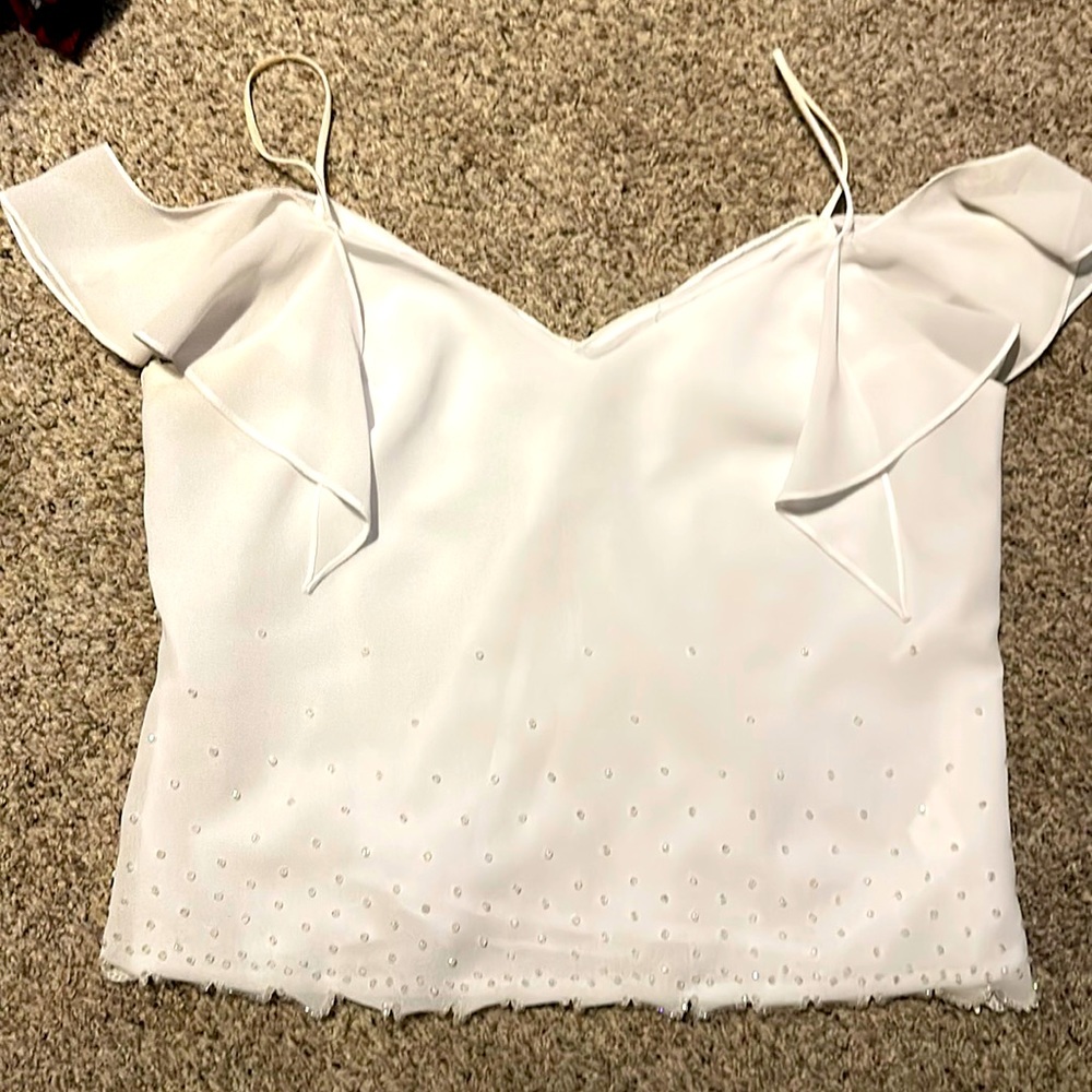 White spaghetti strap off the shoulder white sequin top.
